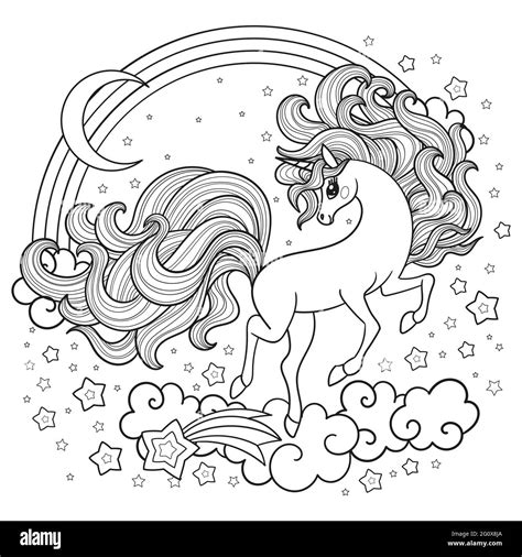 A Cute Unicorn With A Long Mane Gallops Among The Stars Black And