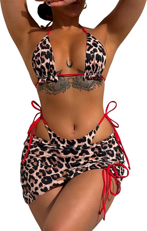 Amazon WDIRARA Women S 3 Piece Graphic Print Drawstring Bikini Set