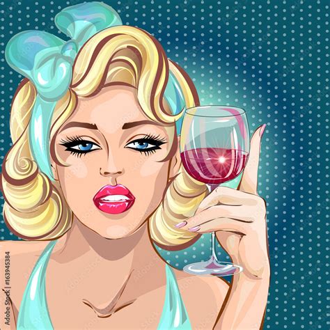 Pin Up Sexy Blonde Woman Drinking Wine Pop Art Girl Portrait Celebrate Look Vector