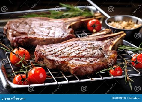 Grilled T Bone Steaks Stacked On A Metallic Tray Stock Image Image Of