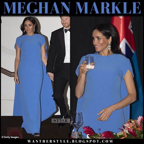 Meghan Markle In Blue Cape Dress At State Dinner In Fiji On October 23