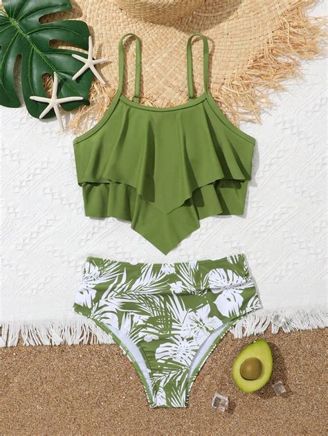 Tween Girl Tropical Print Ruffle Hem Bikini Set Summer Beach Shein Uk