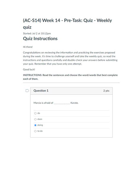 AC S14 Week 14 Pre Task Quiz Weekly Quiz Ingles IV Studocu