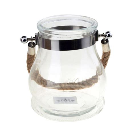 Round Glass Candle Holder Lantern With Rope Handle 6 Inch