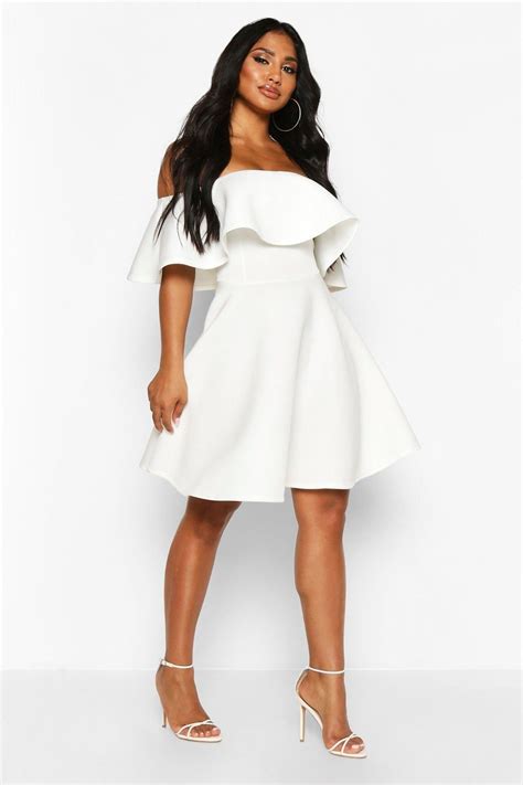 Womens Bonded Scuba Off The Shoulder Frill Skater Dress White 6