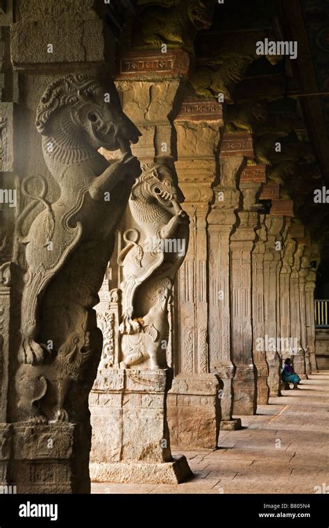 Row Of Ancient Pillars Inside The Shree Meenaskshi Temple In Madurai In