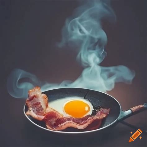 Frying Pan Cooking Egg And Bacon With Smoke On Craiyon