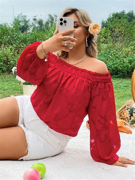 Shein Wywh Plus Size Womens Elegant Off Shoulder Red Jacquard Blouse