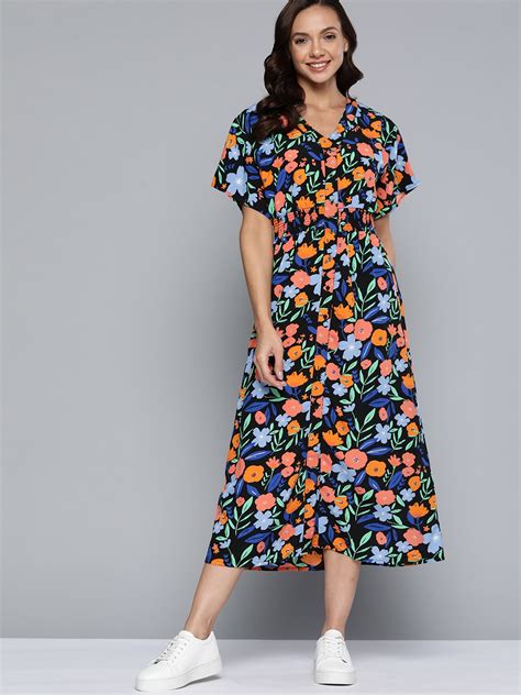 Buy Mast And Harbour Black And Orange Floral Printed A Line Midi Dress