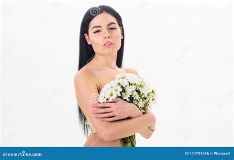 Woman Hiding Her Breasts Covers With Bouquet Lady Covers Breasts With Flowers Isolated On