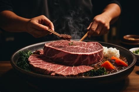 Premium Photo Man Holding Medium Rare Slice Wagyu A Beef Out From Hot Pot Shabu Ar C