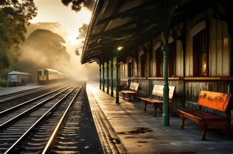 A Train Station with Benches and a Train Ready To Depart on the Tracks ...