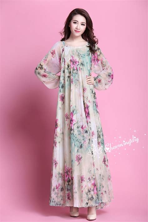 Colors Chiffon Flower Long Sleeve Party Big Hem Dress Evening