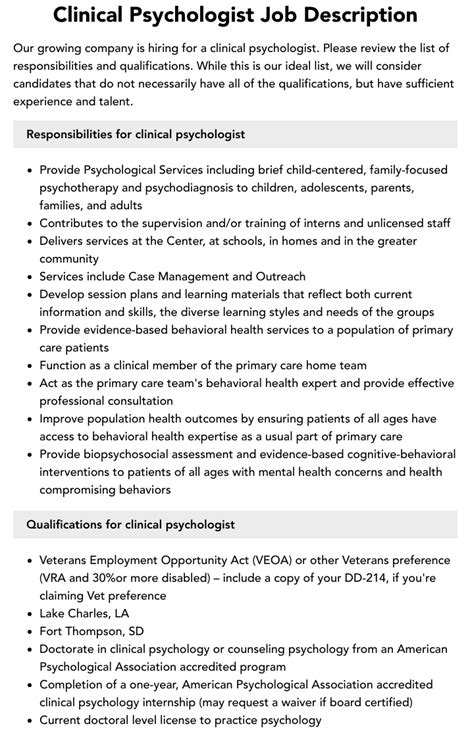 Clinical Psychologist Job Description Velvet Jobs