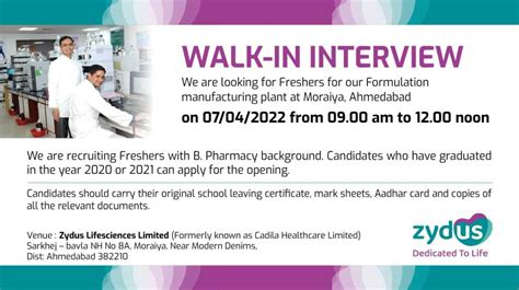 Zydus Walk In Interview For B Pharm Freshers