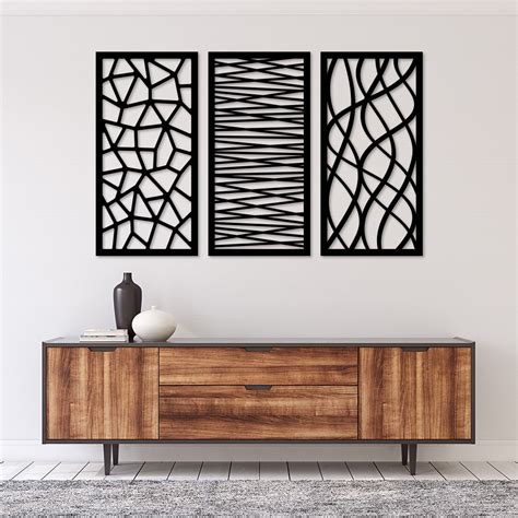 Kit 3 Quadros Decorativos Abstrato em MDF 3mm Preto Decoração Casa Sala