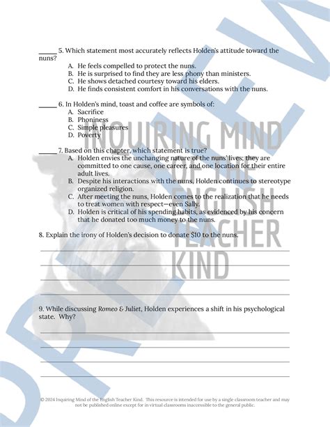 Catcher in the Rye Chapter 15 Close Reading Analysis Worksheet