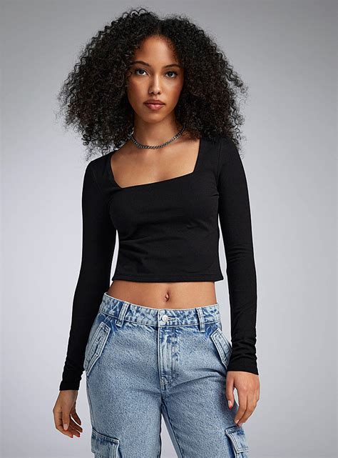 Long Sleeve Square Neck Cropped T Shirt Twik Shop Womens Long