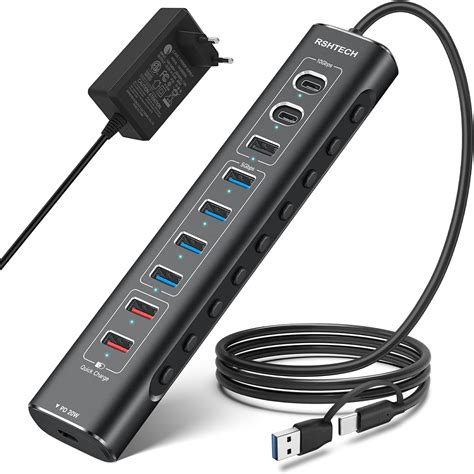 RSHTECH Aluminum 10-Port USB C 3.0/3.2 Hub Aktiv mit Netzteil, 3 ...