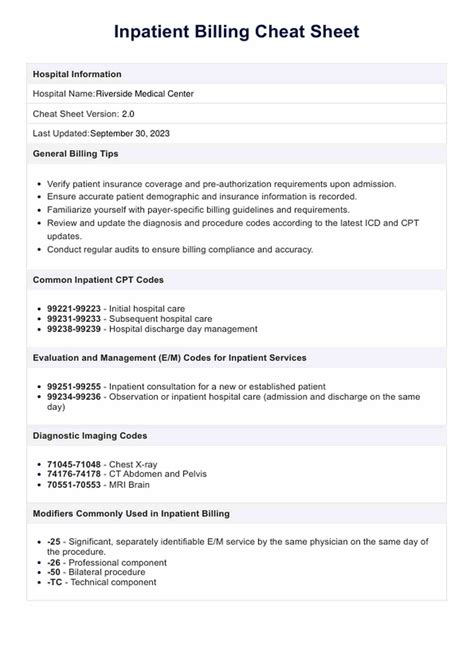 Inpatient Billing Cheat Sheet And Example Free Pdf Download