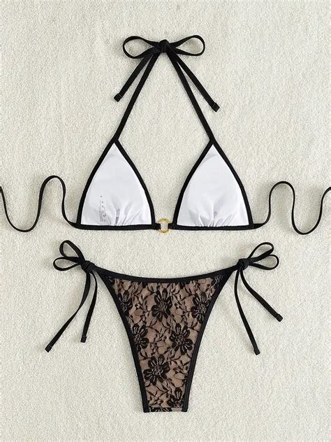 Black Floral Lace Bikini Set With Triangle Top Chuzko