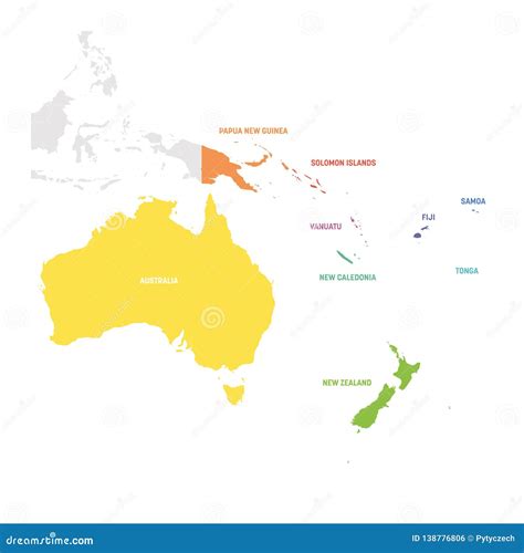 Australia And Oceania Region Colorful Map Of Countries In South Pacific Ocean Stock Vector