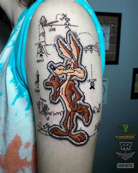 Embroidery style Wile E. Coyote patch tattoo done on