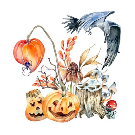 Colorful Halloween Composition With Crow Watercolor Illustration Isolated On White Background