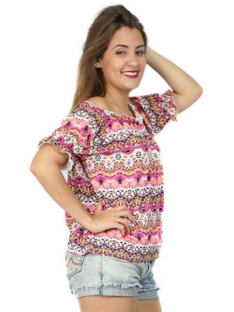 Blusa ciganinha manga curta estampa étnica rosa Acesse