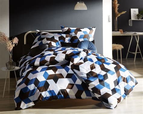 Moderne Mako Satin Bettwäsche geometrisch blau braun 200x220 von