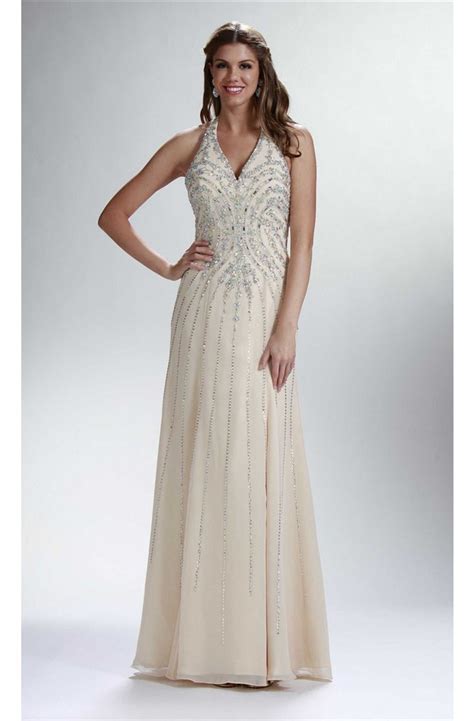 Stunning Sheath Halter Corset Long Champagne Chiffon Beaded Prom Dress