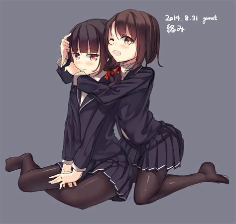 Safebooru 2girls Black Hair Black Legwear Blazer Blush Brown Eyes