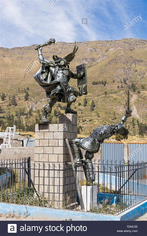 Statue Of Inca Warrior Fighting A Spanish Conquistador In Maca Colca