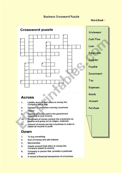 English Worksheets Business Crossword Puzzle