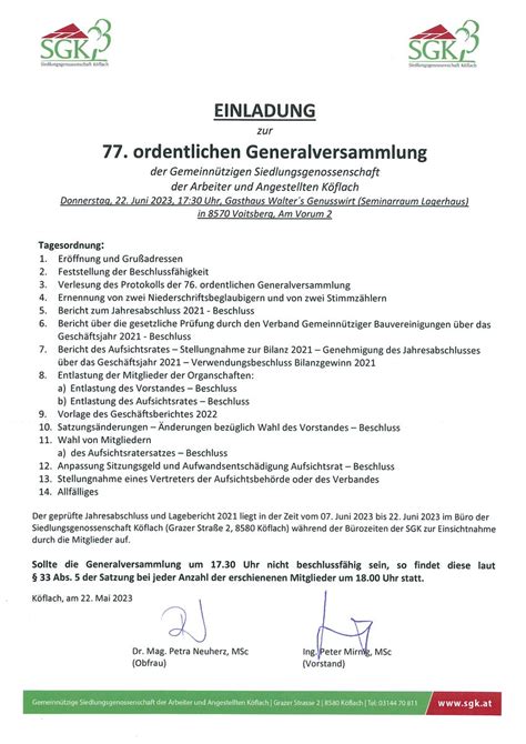 Sgk K Flach Einladung Zur Generalversammlung