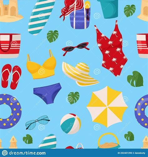 Set Of Cute Summer Elements Surfboard Cocktail Bag Hat Palm Tree Bikini Flip Flops Beach