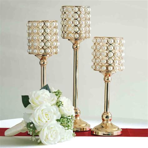 Set Of 3 White Pearl Beaded Gold Votive Candle Holder Set 12 14