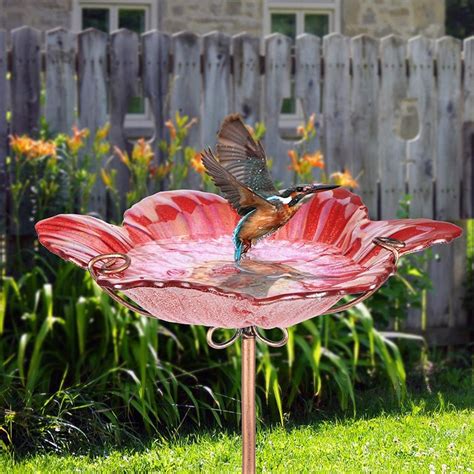 26 Inch Pink Bird Bath Bowl Glass Bird Bath Bowl With Metal Stake Etsy