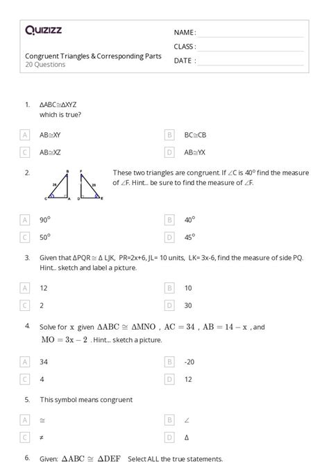 50 Congruent Triangles Sss Sas And Asa Worksheets For 10th Grade On Quizizz Free And Printable