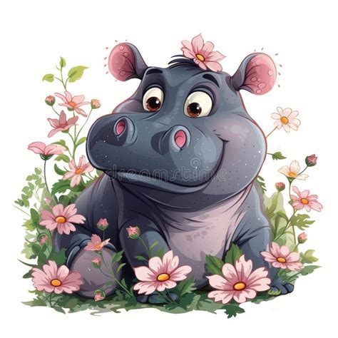 Illustration Of A Small Hippo With Flowers Stock Illustration Illustration Of Spread