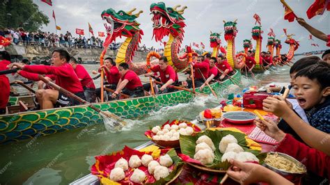 Premium Photo | A dragon boat with chinese dragon on it is carrying a boat with people in the ...