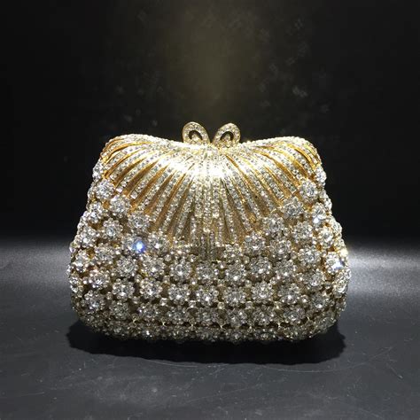 Women Gold Color Flower Rhinestones Clutch Bags Crystal Evening Purse Stones Metal Clutches