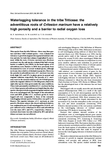 Pdf Waterlogging Tolerance In The Tribe Triticeae The Adventitious