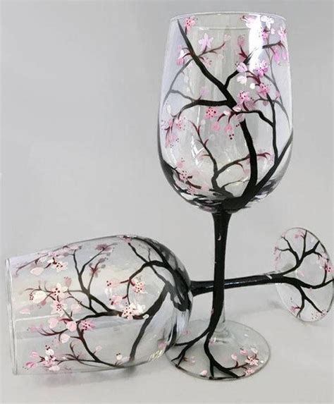 Cherry Blossom Hand Painted Wine Glass Pink Flower Spring Etsy Hand