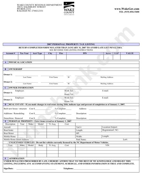 Personal Property Listing Form Wake County Revenue Department 2007