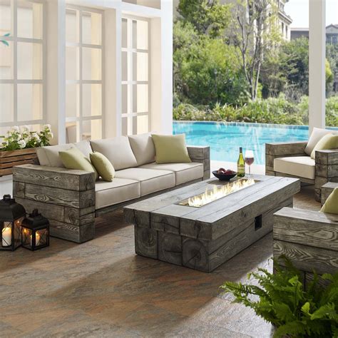 Manteo Rustic Coastal Outdoor Patio Sunbrella Piece Set With Fire