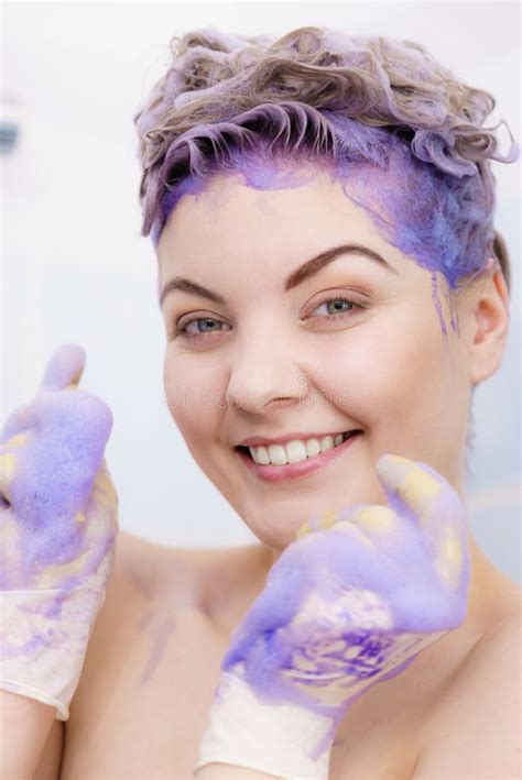 Woman Applying Toner Shampoo On Her Hair Stock Image Image Of Naked