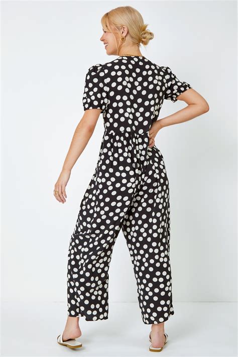 Black Polka Dot Print Culotte Jumpsuit Roman UK