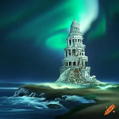 Anime Style Artwork Of Tower Of Babel With Waves And Aurora Borealis In