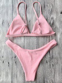 Off Cami Soft Pad Thong Bikini Set In Pink Zaful